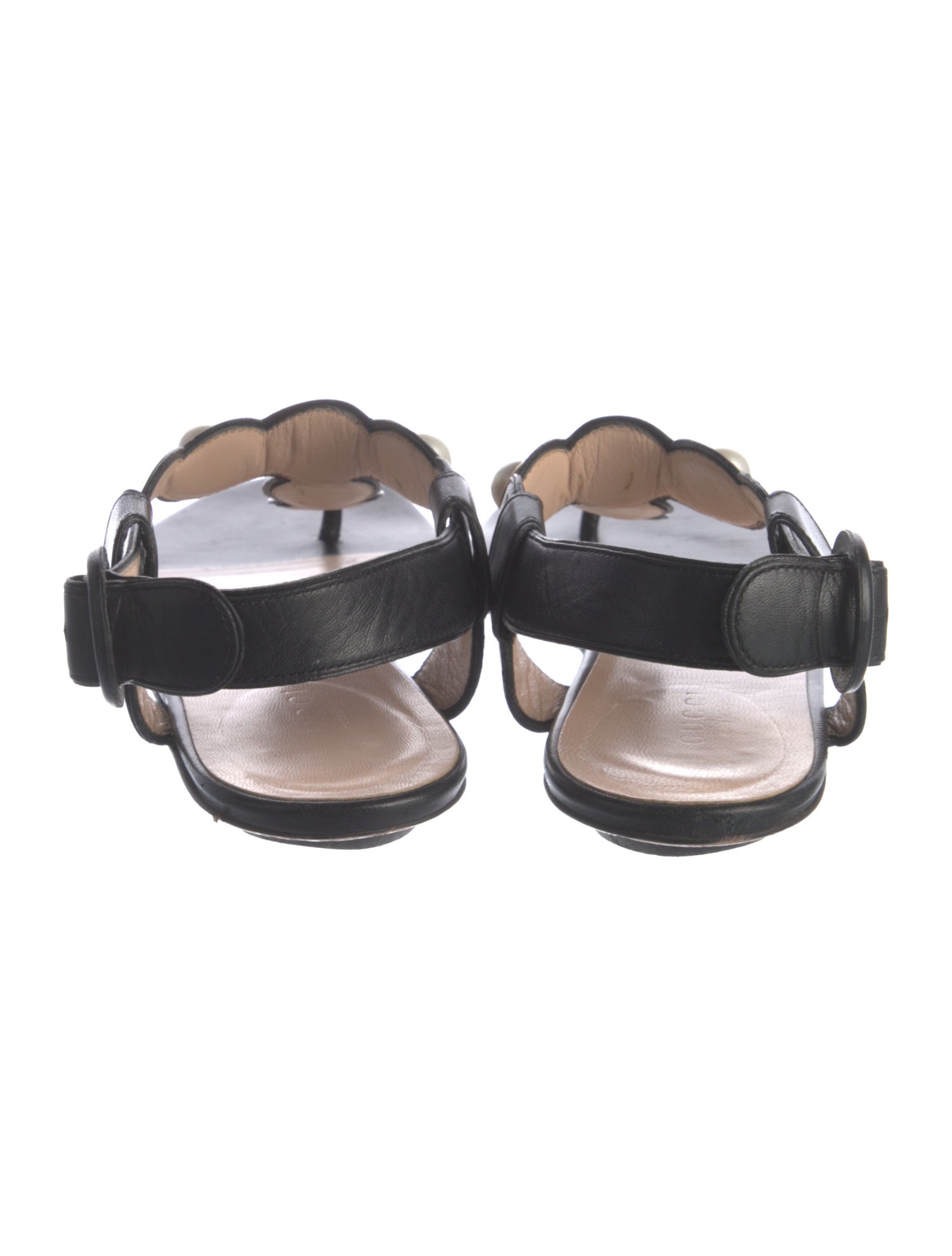 Gucci Faux Pearl Accents Leather T-Strap Sandals